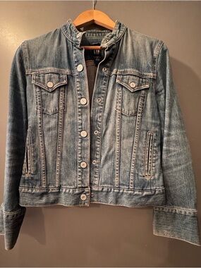 GAP Women’s Faded Blue Denim Jacket with Stand Collar